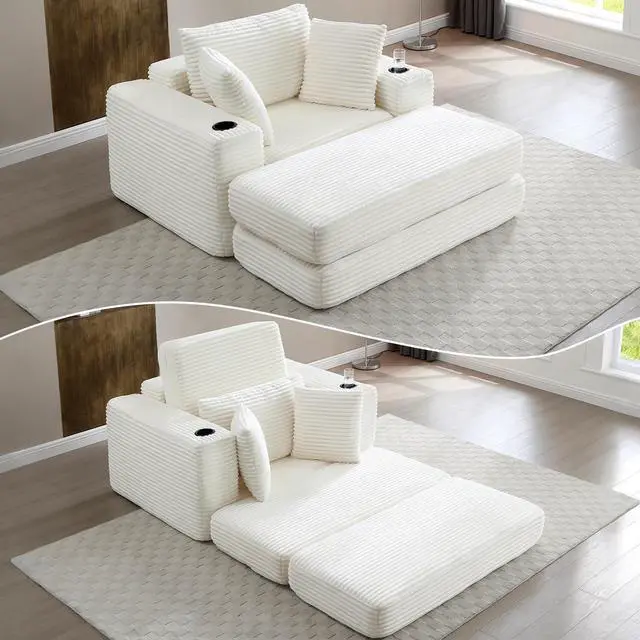 Main image of 62" Oversized Chaise Lounge Chair Indoor, Corduroy Boneless Convertible Chaise Lounge Couch Sleeper Chair with Ottoman, Deep Seat Reading Chair, No Assembly Required (Beige)