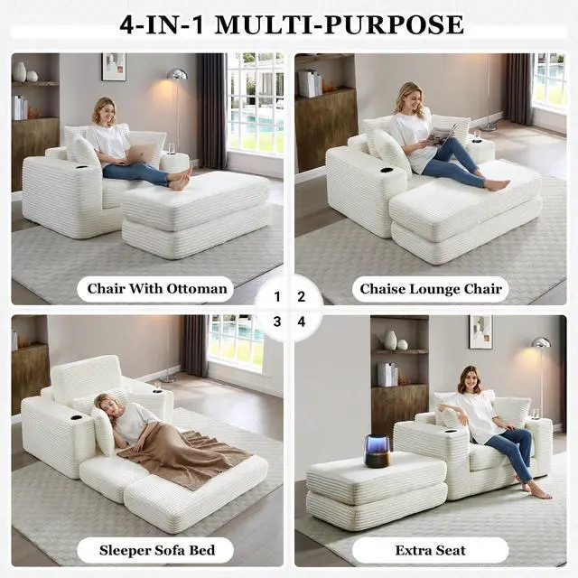 Alt view image 4 of 5 - 62" Oversized Chaise Lounge Chair Indoor, Corduroy Boneless Convertible Chaise Lounge Couch Sleeper Chair with Ottoman, Deep Seat Reading Chair, No Assembly Required (Beige)