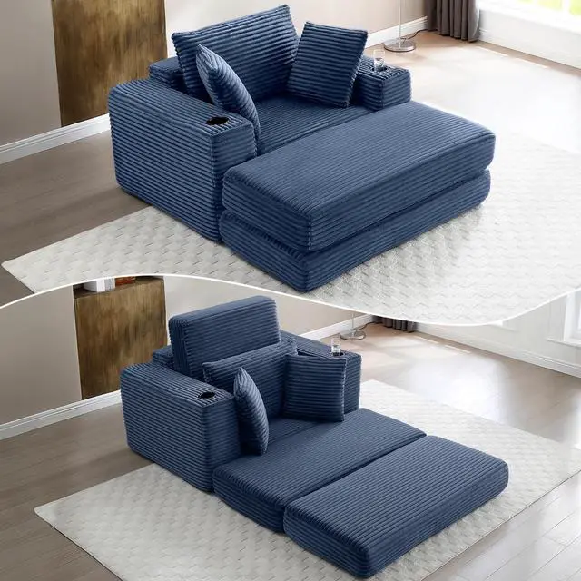 Main image of 62" Oversized Chaise Lounge Chair Indoor, Corduroy Boneless Convertible Chaise Lounge Couch Sleeper Chair with Ottoman, Deep Seat Reading Chair, No Assembly Required (Blue)