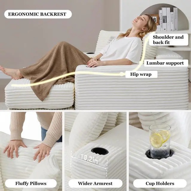 Alt view image 5 of 5 - 62" Oversized Chaise Lounge Chair Indoor, Corduroy Boneless Convertible Chaise Lounge Couch Sleeper Chair with Ottoman, Deep Seat Reading Chair, No Assembly Required (Beige)