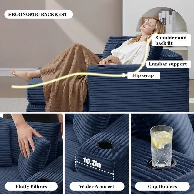 Alt view image 5 of 5 - 62" Oversized Chaise Lounge Chair Indoor, Corduroy Boneless Convertible Chaise Lounge Couch Sleeper Chair with Ottoman, Deep Seat Reading Chair, No Assembly Required (Blue)
