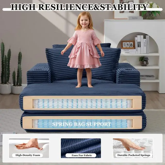 Alt view image 3 of 5 - 62" Oversized Chaise Lounge Chair Indoor, Corduroy Boneless Convertible Chaise Lounge Couch Sleeper Chair with Ottoman, Deep Seat Reading Chair, No Assembly Required (Blue)