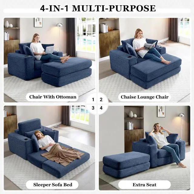 Alt view image 4 of 5 - 62" Oversized Chaise Lounge Chair Indoor, Corduroy Boneless Convertible Chaise Lounge Couch Sleeper Chair with Ottoman, Deep Seat Reading Chair, No Assembly Required (Blue)