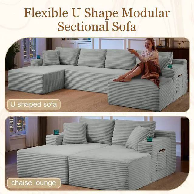 Alt view image 6 of 7 - 134" Modular Sectional Sofa, Boneless Cloud Couch for Living Room, U Shaped 5 Seat Sleeper Sofa with 2 Storage Pockets& 2 Cup Holders, Free Combination, No Assembly Required (Light Gray)