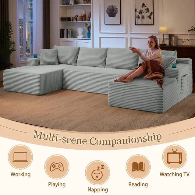 Alt view image 7 of 7 - 134" Modular Sectional Sofa, Boneless Cloud Couch for Living Room, U Shaped 5 Seat Sleeper Sofa with 2 Storage Pockets& 2 Cup Holders, Free Combination, No Assembly Required (Light Gray)