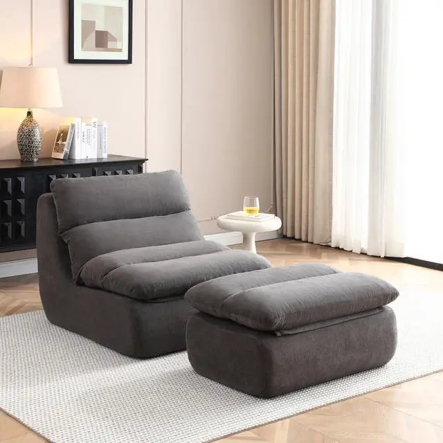 Alt view image 3 of 7 - Comfy Reading Chair for Adults with Ottoman, Cloud Bean Bag Chair Sofa, Boneless Single Seat Lounge Couch with High Density Foam, Deep Seat Floor Sofa for Living Room Bedroom (Gray)