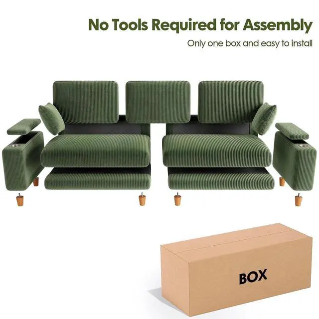 Alt view image 7 of 7 - 101" Oversized Corduroy Sofa with Storage, 24" Extra Deep Seat Couch, Comfy Upholstered with Cup Holder, 2 Pillows, Green