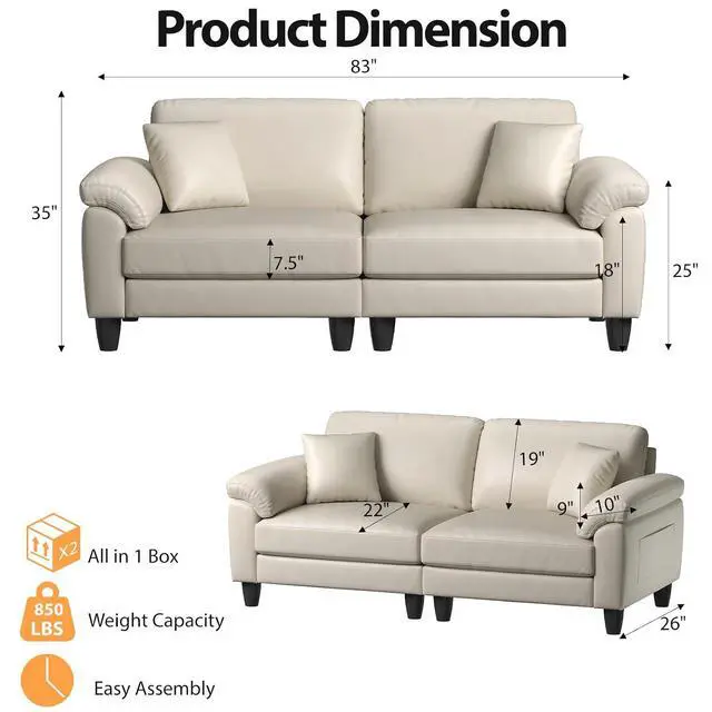 Alt view image 2 of 7 - 83" Couch Premium PU Leather Sofa, Comfy Extra Deep Seat 3 Seater Couch for Living Room, Oversized Loveseat with 2 Pillows, Beige