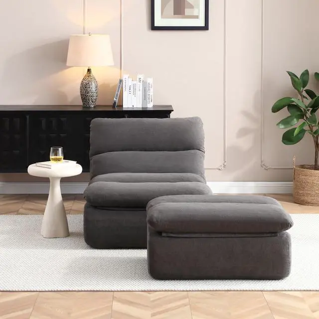 Alt view image 6 of 7 - Comfy Reading Chair for Adults with Ottoman, Cloud Bean Bag Chair Sofa, Boneless Single Seat Lounge Couch with High Density Foam, Deep Seat Floor Sofa for Living Room Bedroom (Gray)