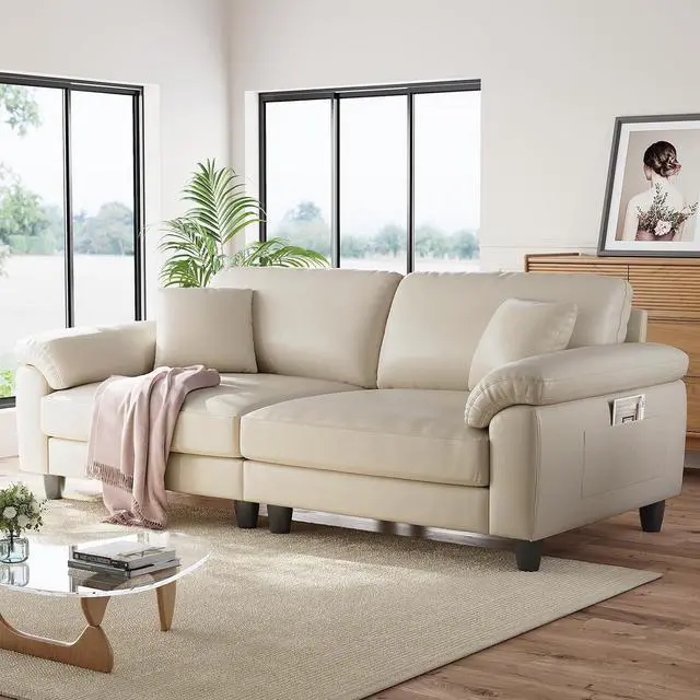 Main image of 83" Couch Premium PU Leather Sofa, Comfy Extra Deep Seat 3 Seater Couch for Living Room, Oversized Loveseat with 2 Pillows, Beige