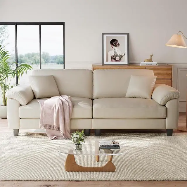 Alt view image 3 of 7 - 83" Couch Premium PU Leather Sofa, Comfy Extra Deep Seat 3 Seater Couch for Living Room, Oversized Loveseat with 2 Pillows, Beige