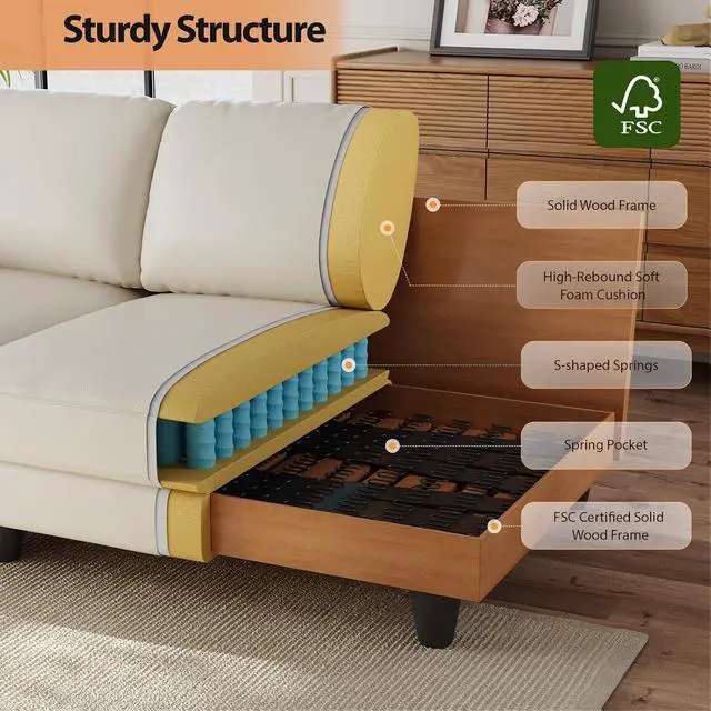 Alt view image 4 of 7 - 83" Couch Premium PU Leather Sofa, Comfy Extra Deep Seat 3 Seater Couch for Living Room, Oversized Loveseat with 2 Pillows, Beige