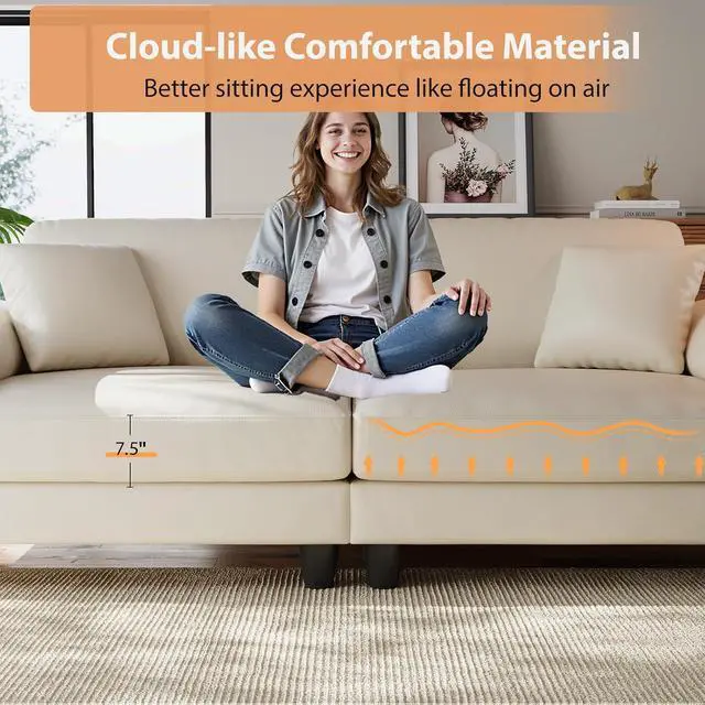 Alt view image 6 of 7 - 83" Couch Premium PU Leather Sofa, Comfy Extra Deep Seat 3 Seater Couch for Living Room, Oversized Loveseat with 2 Pillows, Beige