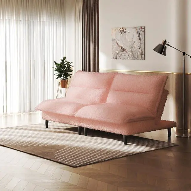 Alt view image 2 of 7 - Futon Sofa Bed, 4 in 1 Convertible Sofa with Adjustable Backrest, 71" Teddy Plush Fabric Loveseat Sleeper Couch for Living Room, Apartment, Office, Pink
