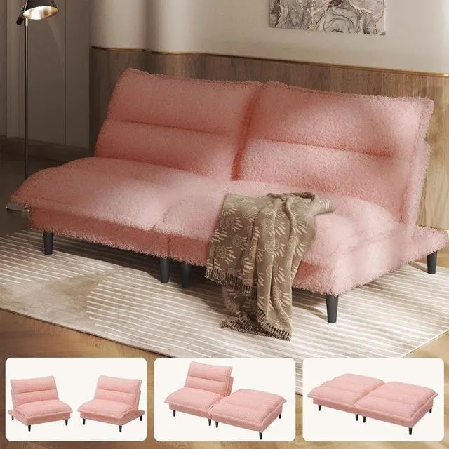 Main image of Futon Sofa Bed, 4 in 1 Convertible Sofa with Adjustable Backrest, 71" Teddy Plush Fabric Loveseat Sleeper Couch for Living Room, Apartment, Office, Pink