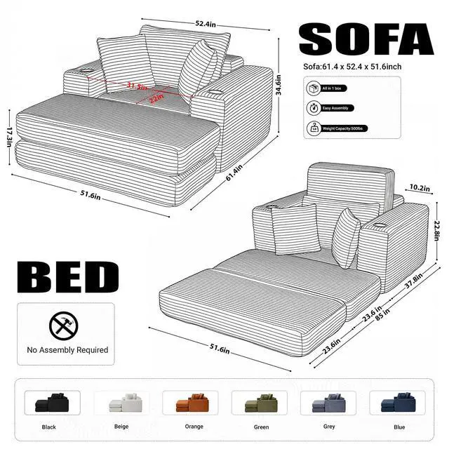Alt view image 2 of 5 - 62" Oversized Chaise Lounge Chair Indoor, Corduroy Boneless Convertible Chaise Lounge Couch Sleeper Chair with Ottoman, Deep Seat Reading Chair, No Assembly Required (Beige)