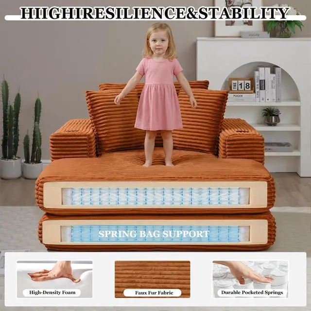 Alt view image 3 of 5 - 62" Oversized Chaise Lounge Chair Indoor, Corduroy Boneless Convertible Chaise Lounge Couch Sleeper Chair with Ottoman, Deep Seat Reading Chair, No Assembly Required (Orange)