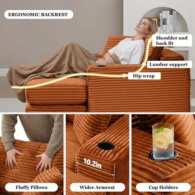 Alt view image 5 of 5 - 62" Oversized Chaise Lounge Chair Indoor, Corduroy Boneless Convertible Chaise Lounge Couch Sleeper Chair with Ottoman, Deep Seat Reading Chair, No Assembly Required (Orange)