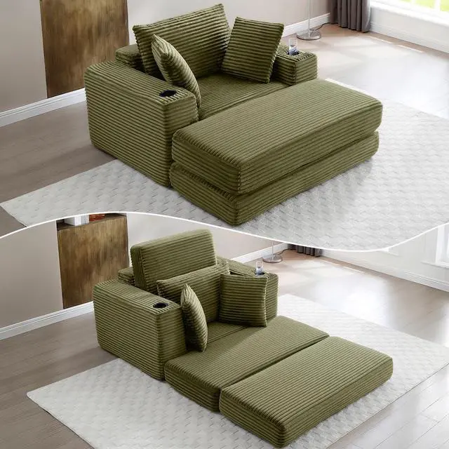 Main image of 62" Oversized Chaise Lounge Chair Indoor, Corduroy Boneless Convertible Chaise Lounge Couch Sleeper Chair with Ottoman, Deep Seat Reading Chair, No Assembly Required (Green)