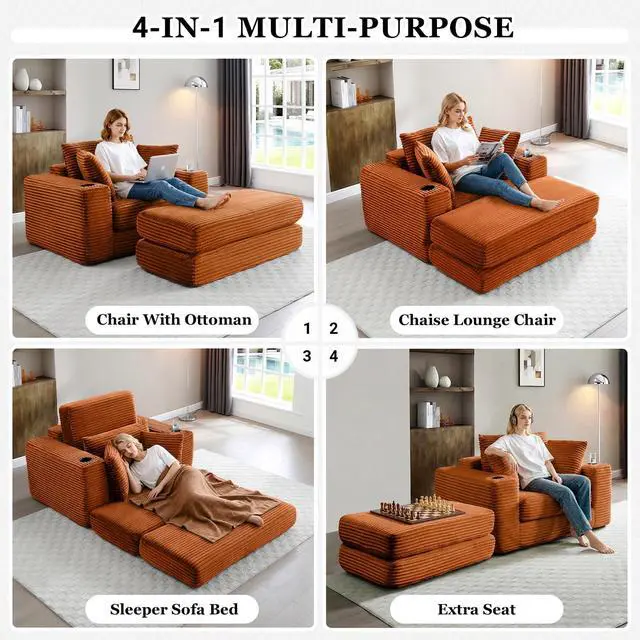 Alt view image 4 of 5 - 62" Oversized Chaise Lounge Chair Indoor, Corduroy Boneless Convertible Chaise Lounge Couch Sleeper Chair with Ottoman, Deep Seat Reading Chair, No Assembly Required (Orange)