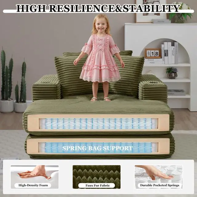 Alt view image 3 of 5 - 62" Oversized Chaise Lounge Chair Indoor, Corduroy Boneless Convertible Chaise Lounge Couch Sleeper Chair with Ottoman, Deep Seat Reading Chair, No Assembly Required (Green)