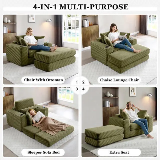 Alt view image 4 of 5 - 62" Oversized Chaise Lounge Chair Indoor, Corduroy Boneless Convertible Chaise Lounge Couch Sleeper Chair with Ottoman, Deep Seat Reading Chair, No Assembly Required (Green)