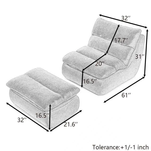 Alt view image 2 of 7 - Comfy Reading Chair for Adults with Ottoman, Cloud Bean Bag Chair Sofa, Boneless Single Seat Lounge Couch with High Density Foam, Deep Seat Floor Sofa for Living Room Bedroom (Yellow)