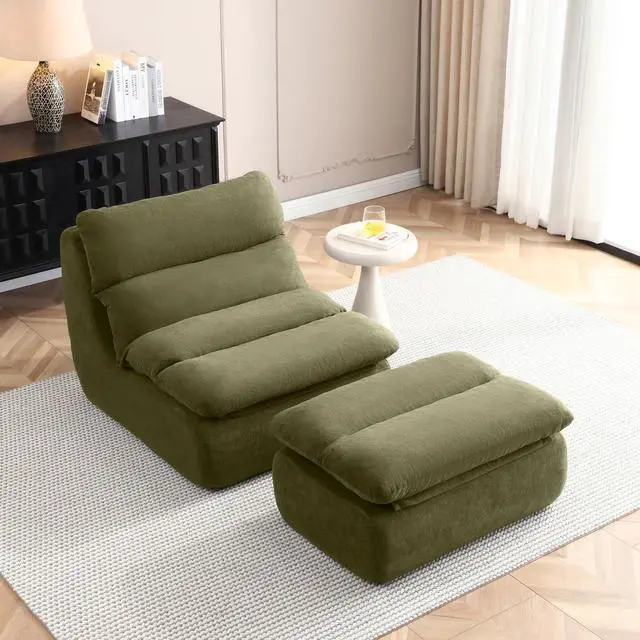 Alt view image 4 of 7 - Comfy Reading Chair for Adults with Ottoman, Cloud Bean Bag Chair Sofa, Boneless Single Seat Lounge Couch with High Density Foam, Deep Seat Floor Sofa for Living Room Bedroom (Green)