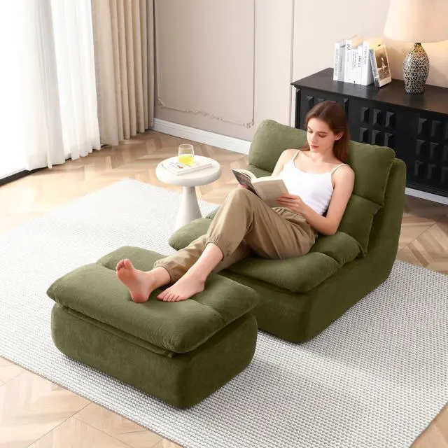 Main image of Comfy Reading Chair for Adults with Ottoman, Cloud Bean Bag Chair Sofa, Boneless Single Seat Lounge Couch with High Density Foam, Deep Seat Floor Sofa for Living Room Bedroom (Green)