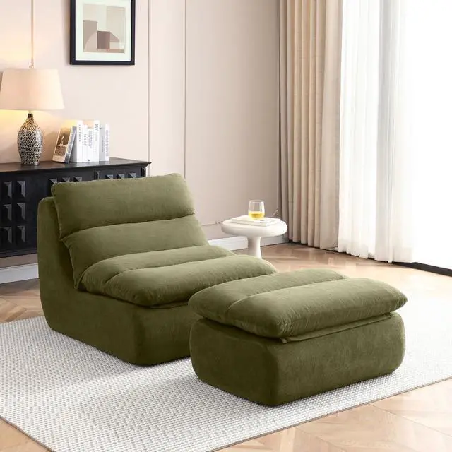 Alt view image 3 of 7 - Comfy Reading Chair for Adults with Ottoman, Cloud Bean Bag Chair Sofa, Boneless Single Seat Lounge Couch with High Density Foam, Deep Seat Floor Sofa for Living Room Bedroom (Green)