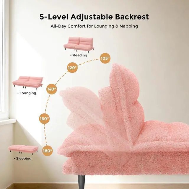 Alt view image 3 of 7 - Futon Sofa Bed, 4 in 1 Convertible Sofa with Adjustable Backrest, 71" Teddy Plush Fabric Loveseat Sleeper Couch for Living Room, Apartment, Office, Pink