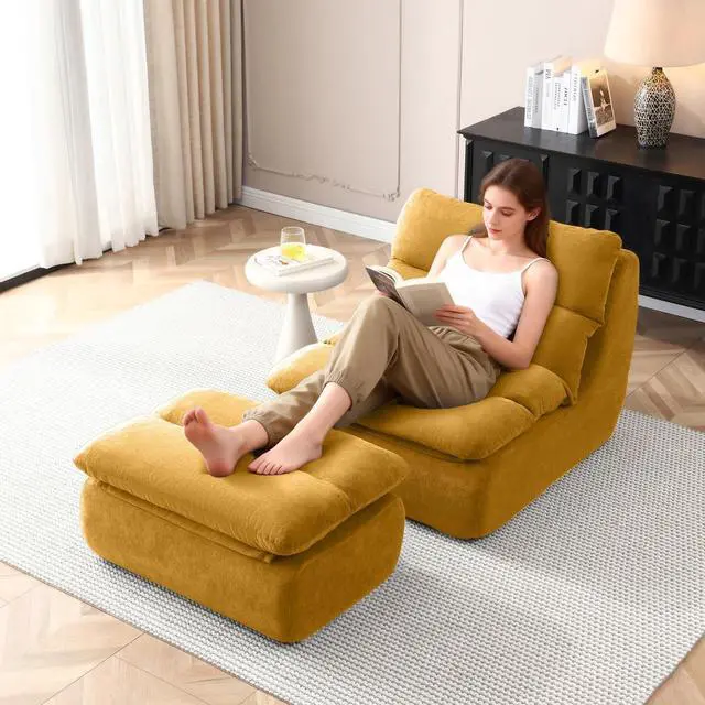 Main image of Comfy Reading Chair for Adults with Ottoman, Cloud Bean Bag Chair Sofa, Boneless Single Seat Lounge Couch with High Density Foam, Deep Seat Floor Sofa for Living Room Bedroom (Yellow)