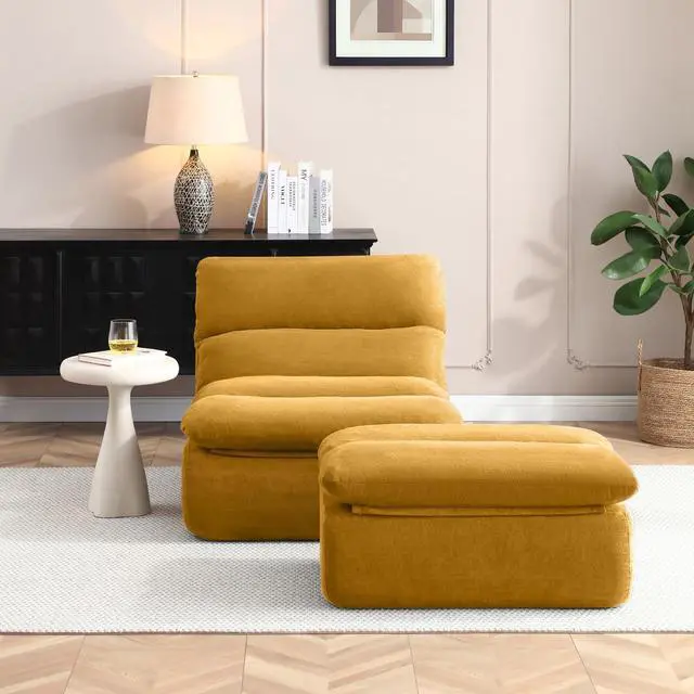 Alt view image 4 of 7 - Comfy Reading Chair for Adults with Ottoman, Cloud Bean Bag Chair Sofa, Boneless Single Seat Lounge Couch with High Density Foam, Deep Seat Floor Sofa for Living Room Bedroom (Yellow)