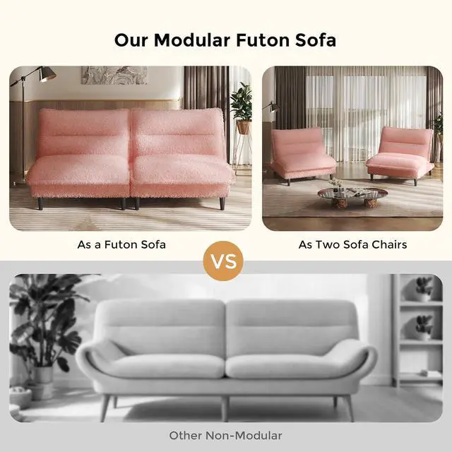 Alt view image 7 of 7 - Futon Sofa Bed, 4 in 1 Convertible Sofa with Adjustable Backrest, 71" Teddy Plush Fabric Loveseat Sleeper Couch for Living Room, Apartment, Office, Pink