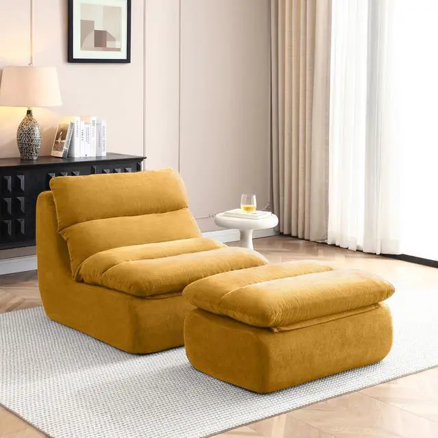 Alt view image 3 of 7 - Comfy Reading Chair for Adults with Ottoman, Cloud Bean Bag Chair Sofa, Boneless Single Seat Lounge Couch with High Density Foam, Deep Seat Floor Sofa for Living Room Bedroom (Yellow)
