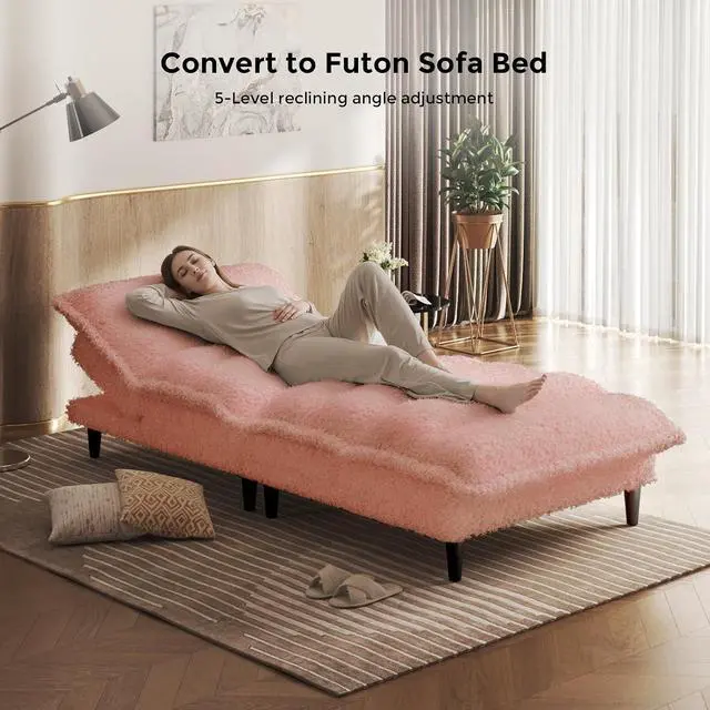 Alt view image 5 of 7 - Futon Sofa Bed, 4 in 1 Convertible Sofa with Adjustable Backrest, 71" Teddy Plush Fabric Loveseat Sleeper Couch for Living Room, Apartment, Office, Pink
