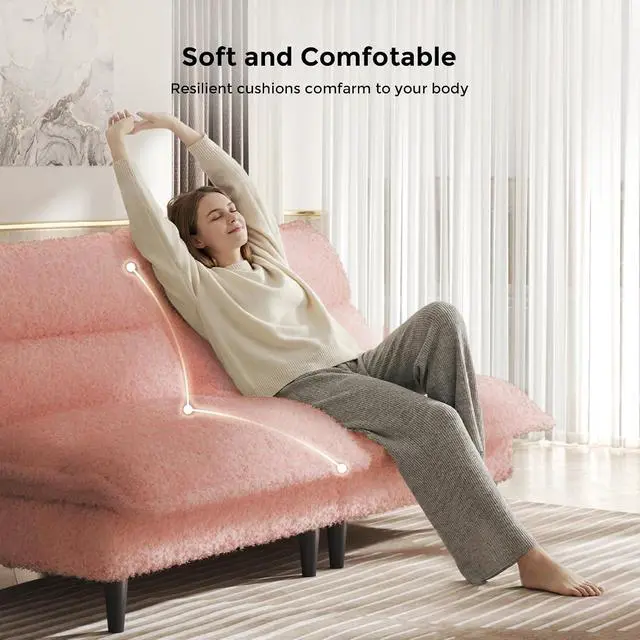 Alt view image 4 of 7 - Futon Sofa Bed, 4 in 1 Convertible Sofa with Adjustable Backrest, 71" Teddy Plush Fabric Loveseat Sleeper Couch for Living Room, Apartment, Office, Pink