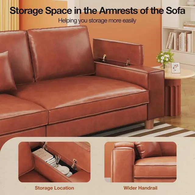 Alt view image 4 of 7 - 101" Large PU Leather Sofa Couch, Spring Cushion Modern Couch with 24" Extra Deep Seat, Wide Storage Armchair, Comfy Upholstered Oversized Loveseat (Includes 2 Pillows) for Living Room, Office, Brown