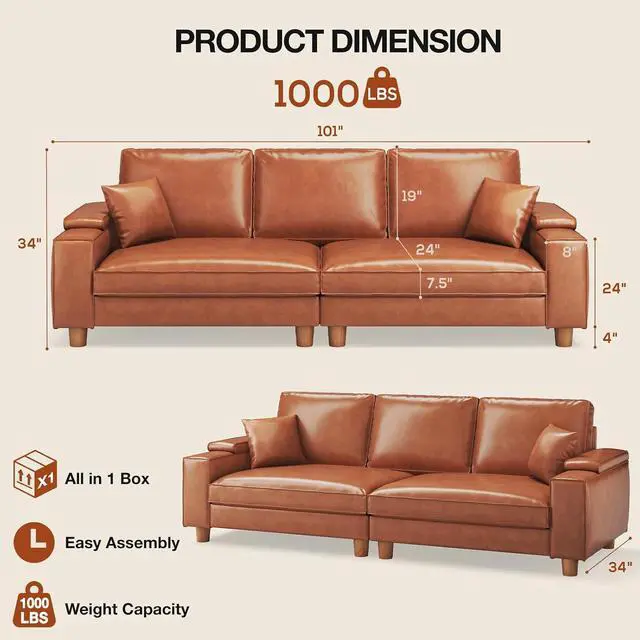 Alt view image 2 of 7 - 101" Large PU Leather Sofa Couch, Spring Cushion Modern Couch with 24" Extra Deep Seat, Wide Storage Armchair, Comfy Upholstered Oversized Loveseat (Includes 2 Pillows) for Living Room, Office, Brown