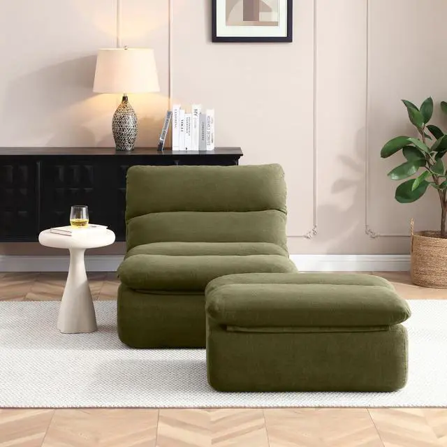 Alt view image 5 of 7 - Comfy Reading Chair for Adults with Ottoman, Cloud Bean Bag Chair Sofa, Boneless Single Seat Lounge Couch with High Density Foam, Deep Seat Floor Sofa for Living Room Bedroom (Green)