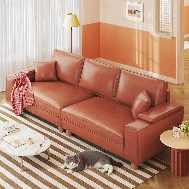 Alt view image 3 of 7 - 101" Large PU Leather Sofa Couch, Spring Cushion Modern Couch with 24" Extra Deep Seat, Wide Storage Armchair, Comfy Upholstered Oversized Loveseat (Includes 2 Pillows) for Living Room, Office, Brown