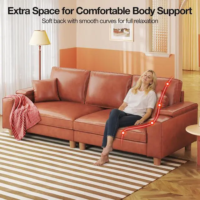 Alt view image 5 of 7 - 101" Large PU Leather Sofa Couch, Spring Cushion Modern Couch with 24" Extra Deep Seat, Wide Storage Armchair, Comfy Upholstered Oversized Loveseat (Includes 2 Pillows) for Living Room, Office, Brown