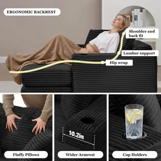 Alt view image 5 of 5 - 62" Oversized Chaise Lounge Chair Indoor, Corduroy Boneless Convertible Chaise Lounge Couch Sleeper Chair with Ottoman, Deep Seat Reading Chair, No Assembly Required (Black)
