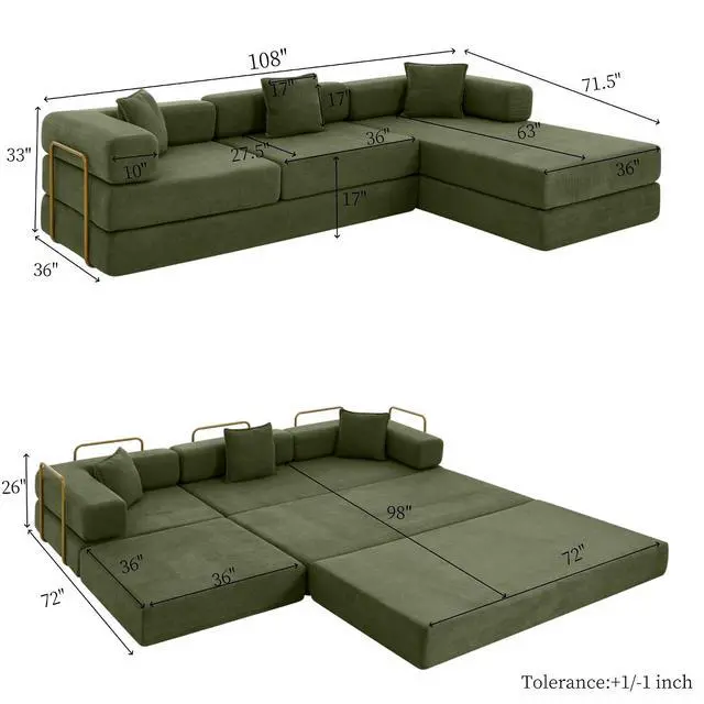 Alt view image 2 of 7 - 108" Modular Sectional Sofa,Futon Convertible Sofa Bed,Oversized Corduroy Boneless Couch for Living Room,Floor Loveseat Sleeper with Pull Out Bed,Free Combination,No Assembly Required (Green)