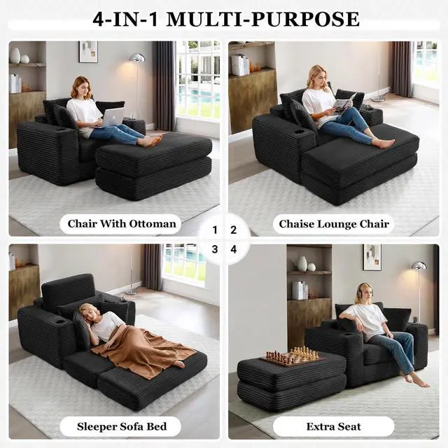 Alt view image 4 of 5 - 62" Oversized Chaise Lounge Chair Indoor, Corduroy Boneless Convertible Chaise Lounge Couch Sleeper Chair with Ottoman, Deep Seat Reading Chair, No Assembly Required (Black)
