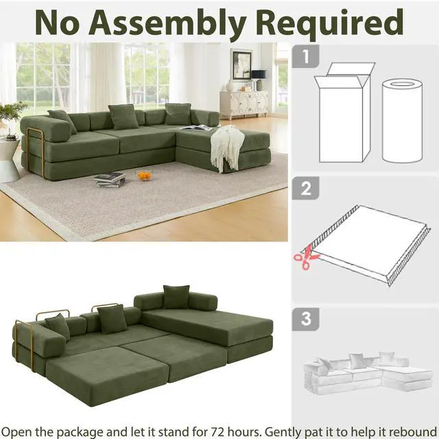 Alt view image 3 of 7 - 108" Modular Sectional Sofa,Futon Convertible Sofa Bed,Oversized Corduroy Boneless Couch for Living Room,Floor Loveseat Sleeper with Pull Out Bed,Free Combination,No Assembly Required (Green)