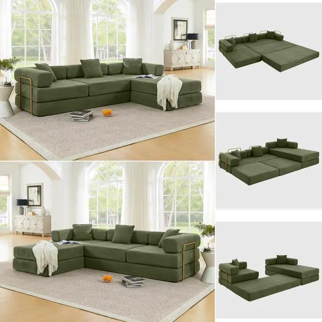 Main image of 108" Modular Sectional Sofa,Futon Convertible Sofa Bed,Oversized Corduroy Boneless Couch for Living Room,Floor Loveseat Sleeper with Pull Out Bed,Free Combination,No Assembly Required (Green)