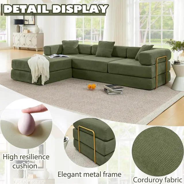 Alt view image 5 of 7 - 108" Modular Sectional Sofa,Futon Convertible Sofa Bed,Oversized Corduroy Boneless Couch for Living Room,Floor Loveseat Sleeper with Pull Out Bed,Free Combination,No Assembly Required (Green)