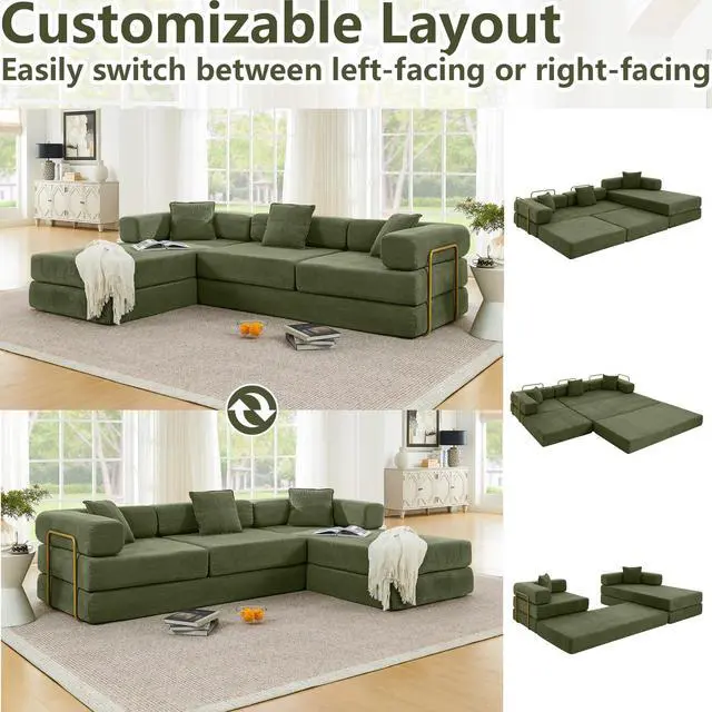 Alt view image 4 of 7 - 108" Modular Sectional Sofa,Futon Convertible Sofa Bed,Oversized Corduroy Boneless Couch for Living Room,Floor Loveseat Sleeper with Pull Out Bed,Free Combination,No Assembly Required (Green)