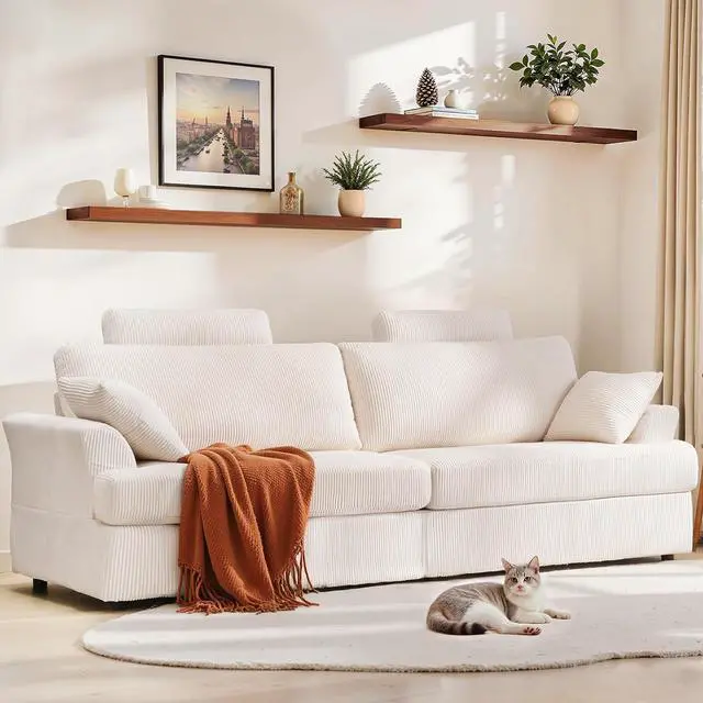 Main image of 87" Cloud Comfy Sofa Couch with Deep Seat and Thick Cushion, Corduroy Upholstered Fabric Soft Couch for Living Room Office, Beige (Includes Headrest)